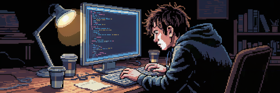 A pixel art image of a programmer looking at some code on a screen.
